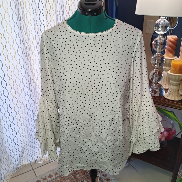 Lafayette 148 New York Silk,  Black, White Polka Dot Ruffle Blouse 12 - Picture 1 of 6